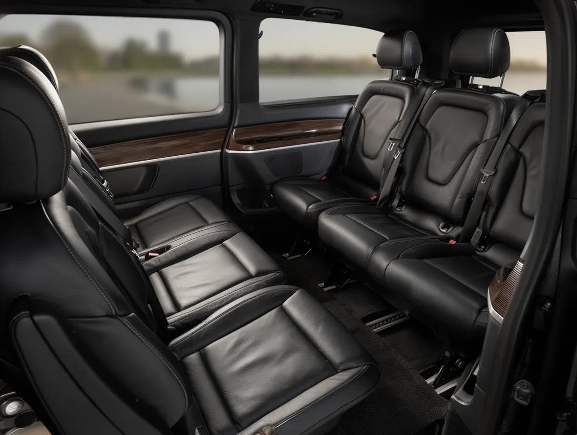 Intrieur Mercedes EQV cuir noir 7 places, espace généreux pour vos bagages  habitacle Premium avec siges enfant